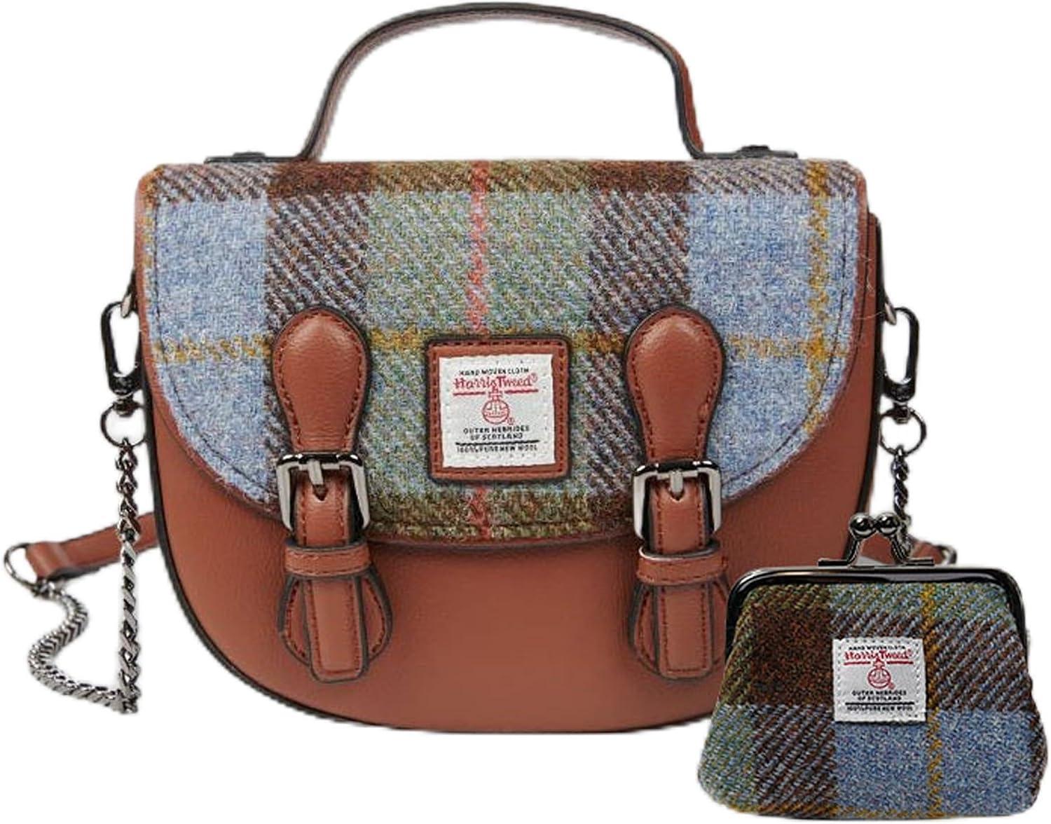 Islander Set from Harris Tweed Mini Cobble Satchel & Coin Purse Present (Chestnut Blue Tartan)