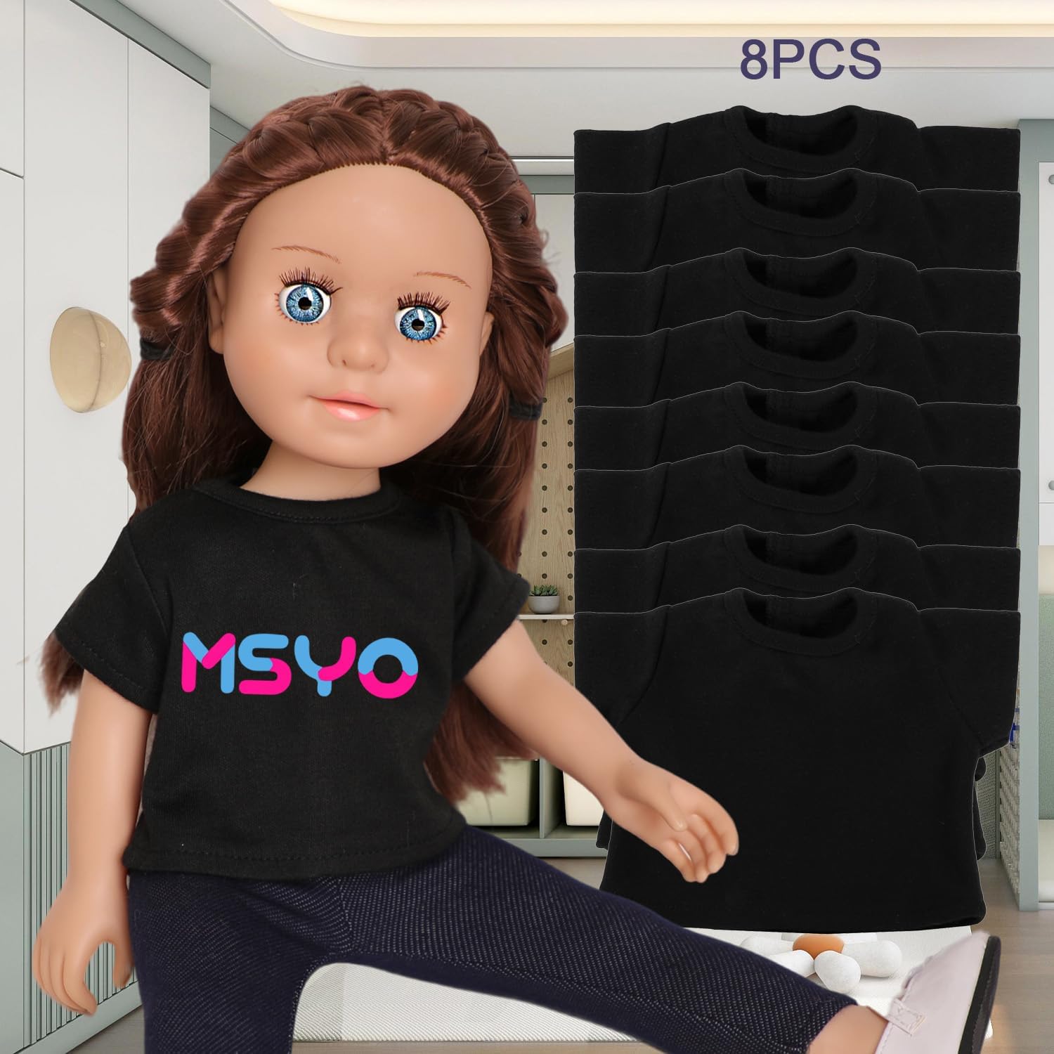 MSYO 8PCS 16-18Inch Doll Blank Black T-Shirts,Thickened Plain Short Sleeve Tops,Fits 16-18Inch Girl Dolls&Stuffed Bears,Customizable Doll Clothes for Kids Craft&Pretend Play