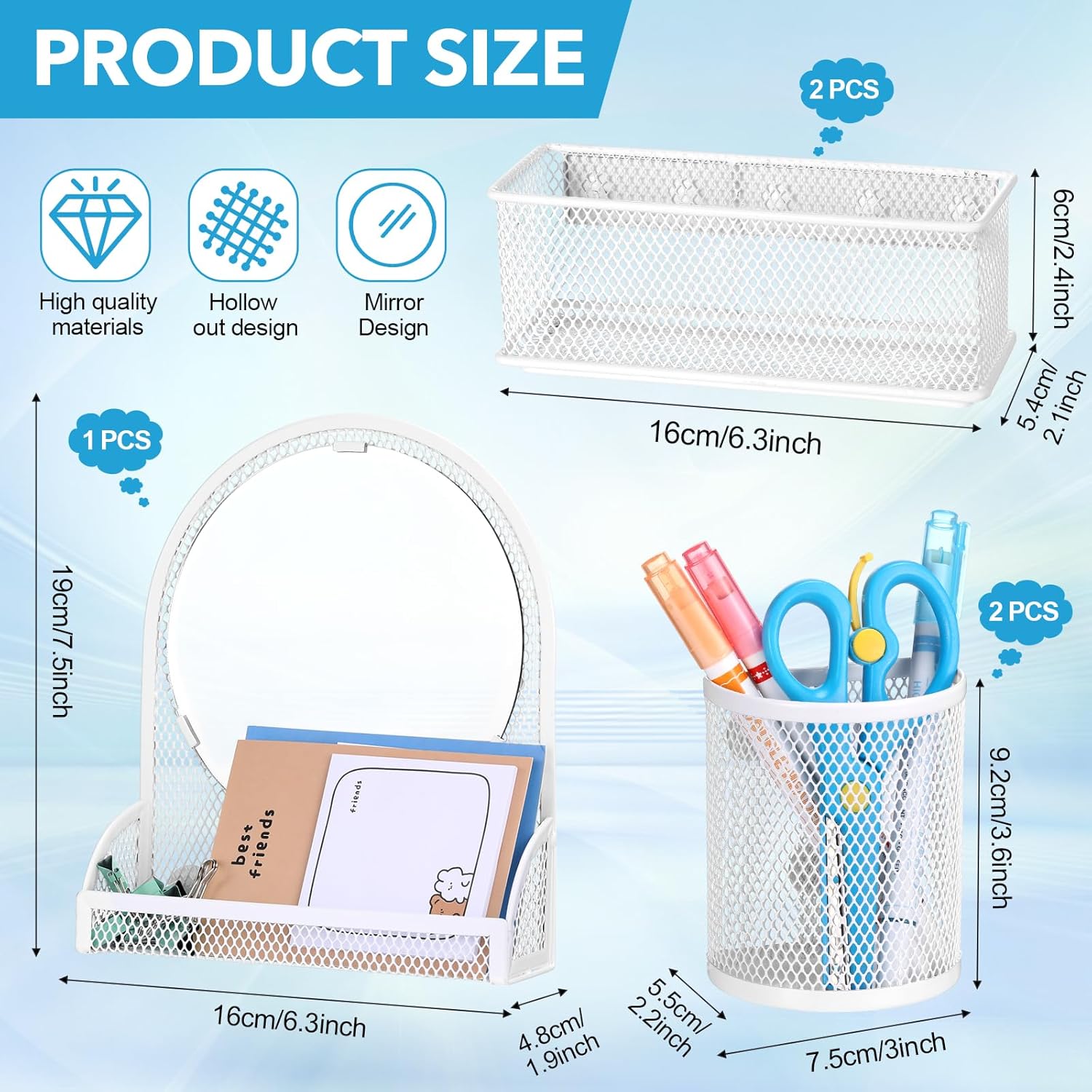Weysat Set of 5 Magnetic Locker Accessories Mirror with 2 Magnetic Pen Holder and 2 Wire Mesh Storage Basket for Students Back to School Locker Organizer for School Office(White)