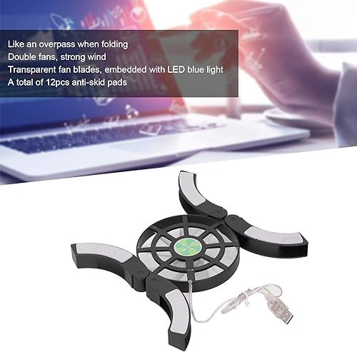 Miniatura 3 de Almohadilla de enfriamiento portátil para laptop, con soporte antideslizante, ventilador emisor de luz doble, 4.53 x 4.53 x 0.59 pulgadas (negro)