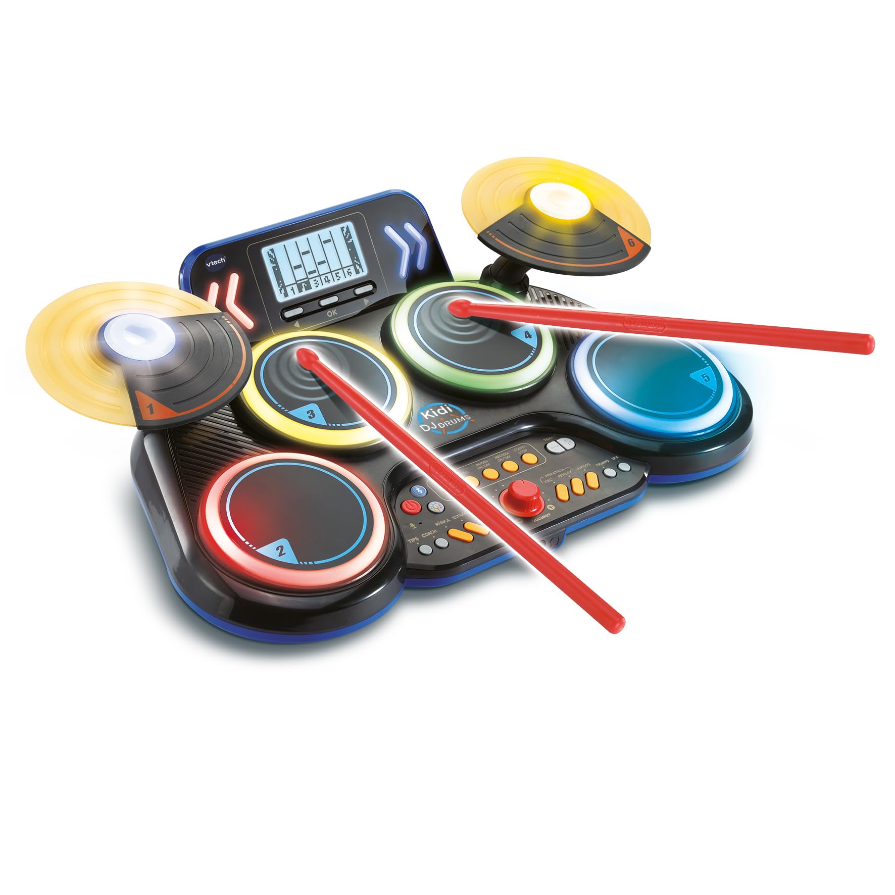 VTech - Kidi DJ Drums, Batería electrónica para niños 10 en 1 con Pads iluminados, platillos, Baquetas, Bluetooth, Aprendizaje y Juegos, Regalo niños +6 años, Versión en Español