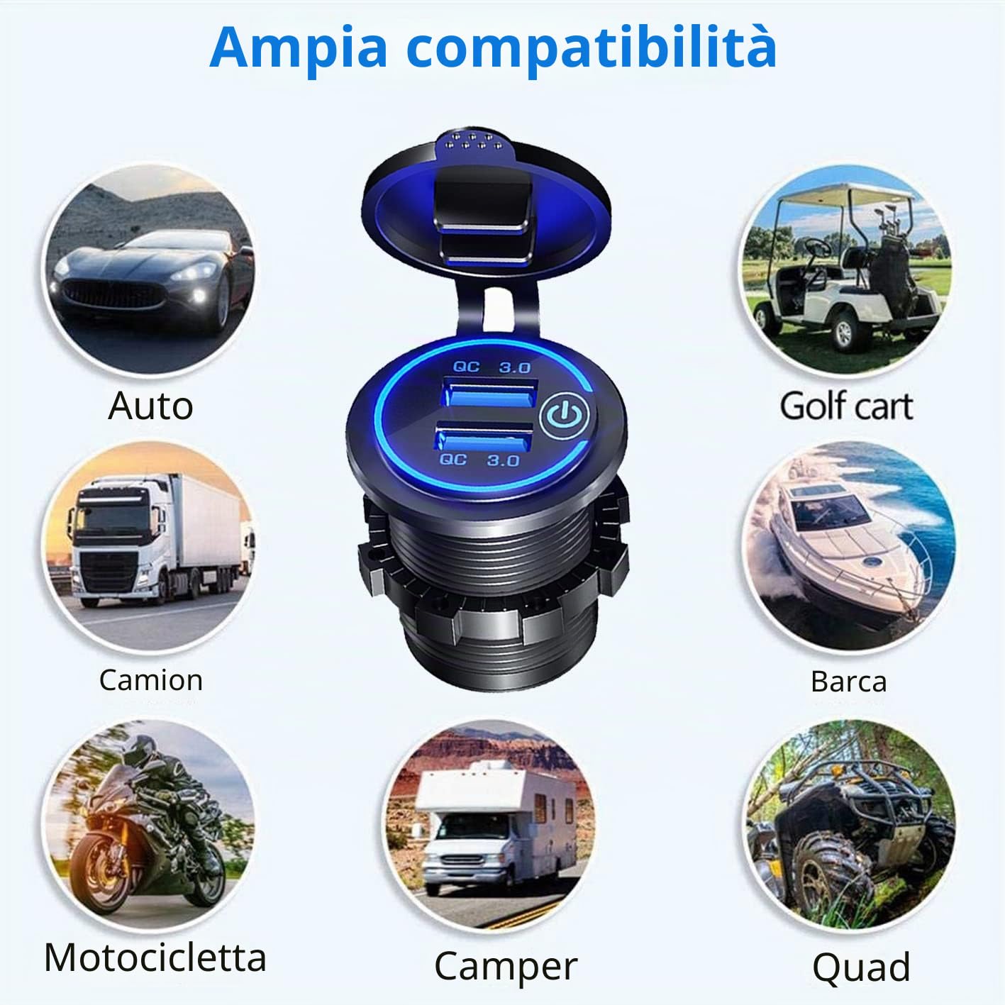 (2 Pezzi) Intckwan Caricabatteria da auto USB a 2 porte, QC 3.0 36W Ricarica rapida con interruttore e Blu LED, impermeabile e antipolvere per 12V~24V Auto Barca Moto SUV Bus Camion Caravan