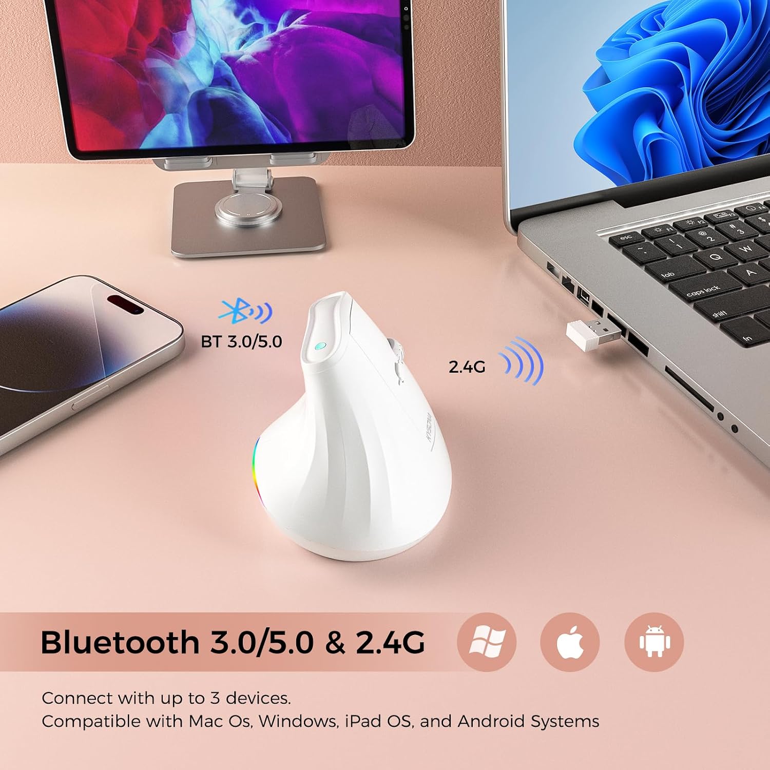 KYSONA 57° Wireless Ergonomic Mouse, Vertical Mouse, Carpal Tunnel Mouse, RGB Light, Rechargeable, Bluetooth & 2.4G, 5-Level DPI Adjustment, Quiet Click Ergo Mice Compatible with PC/Laptop/Mac, White
