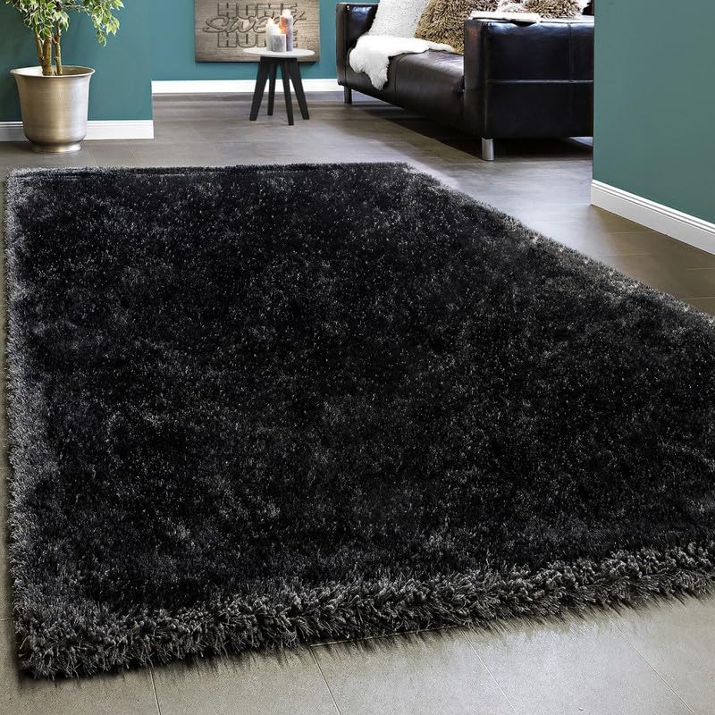 Image of Plain Fur Rugs for Hall and Drawing Room 7x10 Ft Modern Home Decor Handwoven Extra Comfy Premium Shag Black Color