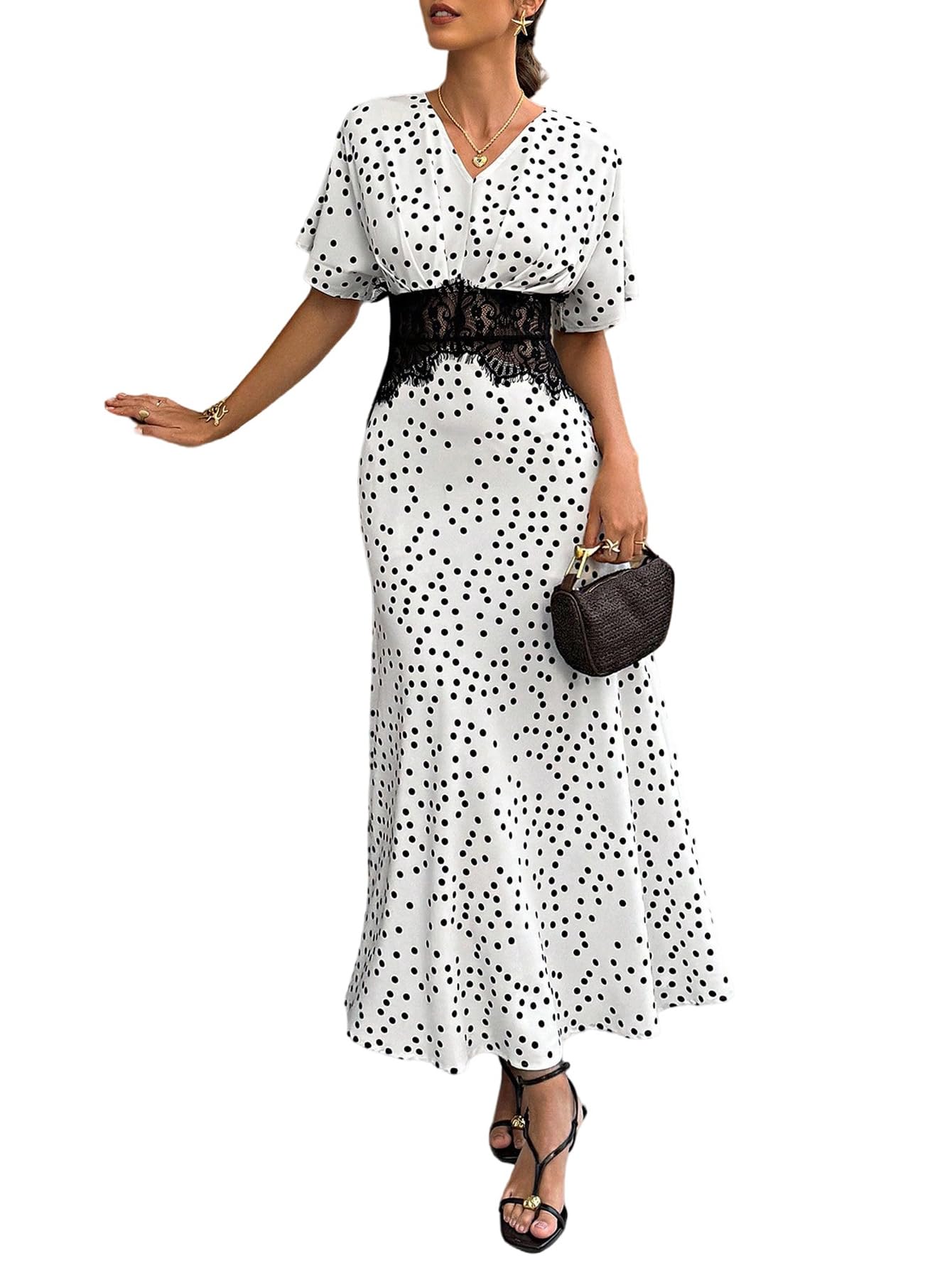 SweatyRocks Damen Kleid V Ausschnitt Maxikleid mit Polka Dots Muster Rüschenärmel Sommerkleid mit Spitze A Linien Cocktailkleid