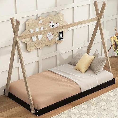 Miniatura 6 de Cama de madera con dosel de casa de tamaño individual con valla triangular, base de cama individual para dormitorio, niños, niñas, adolescentes,