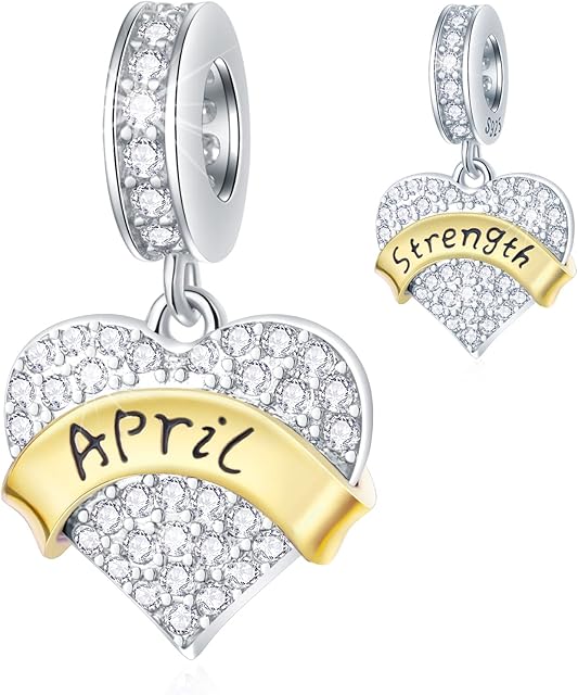 CRISNATA Jan-Dec 12 Month Birthstone Heart Pendant Charms with Clear CZ, 925 Sterling Silver 2 Tone Gold Beads, fits European Birthday Bracelet, Gifts for Mother/Wife/Father
