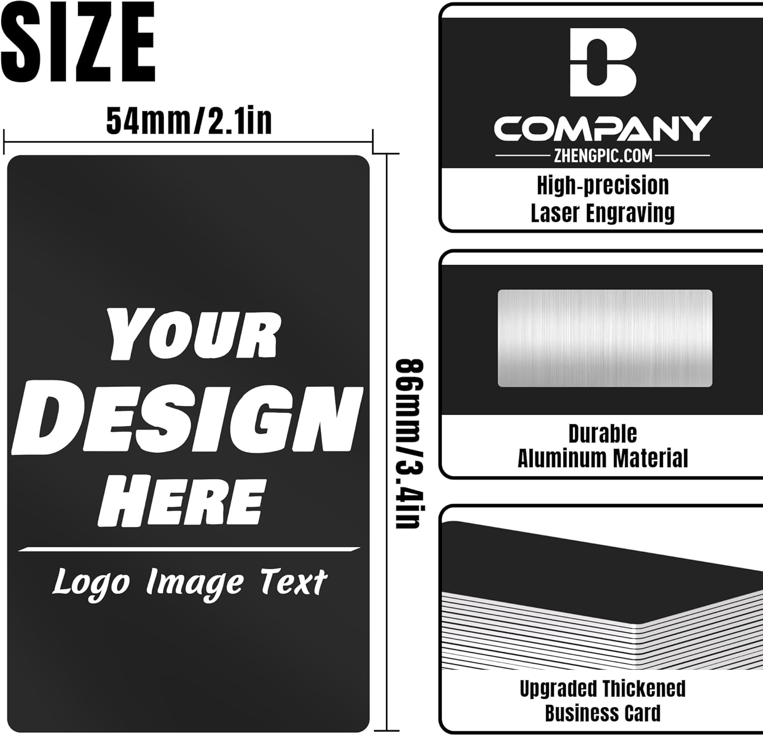 Custom Metal Business Cards, 20-500 Personalized Business Cards, 0.45mm Double-sided Engrave Aluminum Business Card with Logo/QR Code, Customized Company VIP Cards for Corporate Promotion (Black)