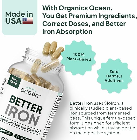 Organics Ocean Better Iron Supplement with Vitamin C - Plant-Based Fermented Pea Formula - Supports Iron Absorption, Energy & Vitality - Gentle on the Stomach, Vegan, Non-GMO - 3 Pack