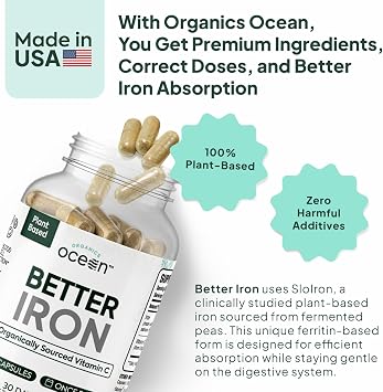 Organics Ocean Better Iron Supplement with Vitamin C - Plant-Based Fermented Pea Formula - Supports Iron Absorption, Energy & Vitality - Gentle on the Stomach, Vegan, Non-GMO - 3 Pack