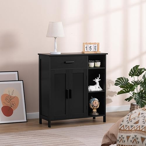 Miniatura 2 de WEENFON Armario de almacenamiento con puertas de ratán natural, gabinete de buffet con cajón y estantes, aparador con almacenamiento, para sala de