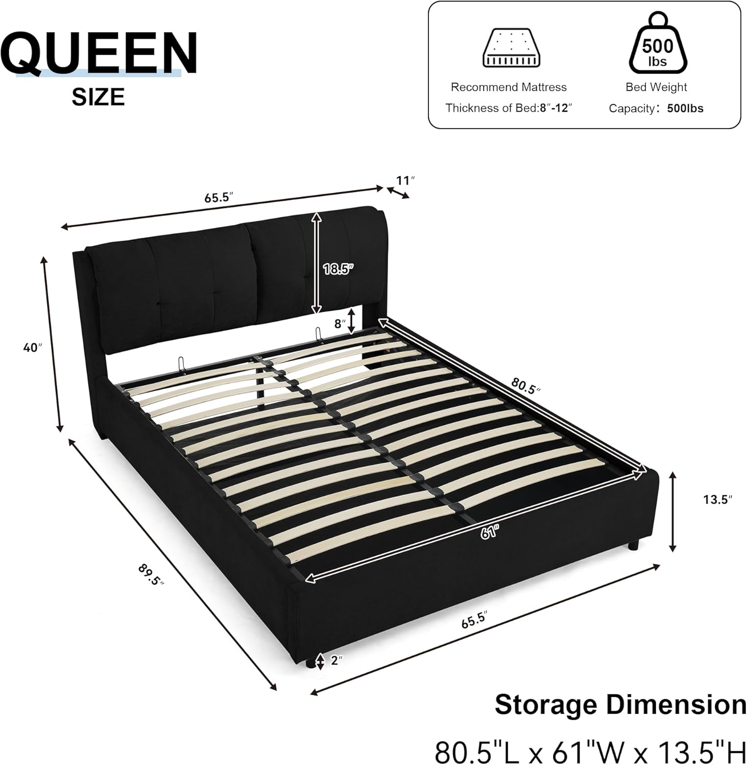 Queen Lift Up Storage Bed with Dual Hydraulic System, Upholstered Platform Bed Frame with Padded Headboard, Hidden Under-Bed Storage, Chenille Fabric, No Box Spring Needed, Black