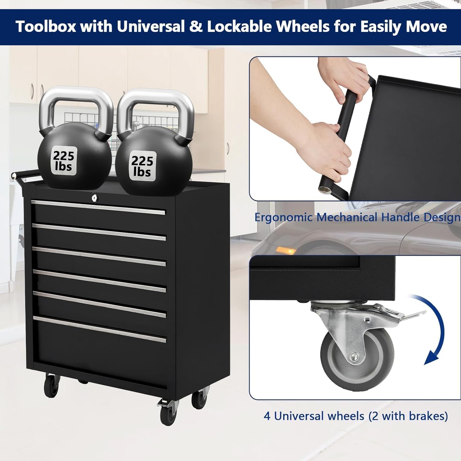 6-Drawer Tool Box with Wheels, 24 inch Rolling Tool Chest and Organizer for Garage & Workshop, Includes Detachable Top, Lockable Wheels and Sliding Drawers, Essential Tool Chest Cabinet Organizer
