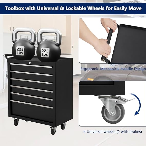 Rolling Tool Box with Wheels, 6 Drawer Tool Storage Cabinet, Portable Toolbox Organizer with Lock, Heavy Duty Tool Chest Cart for Garage, Mechanic, Workshop, Shop, Mobile Tool Organizer, Black