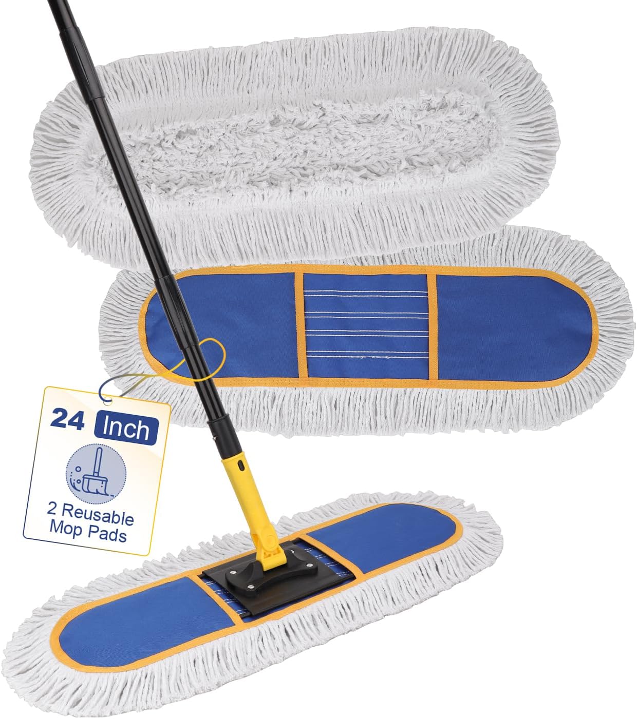 24" Commercial Dust Mop: Heavy Duty Industrial Floor Duster with 2 Cotton Reusable Mop Pads - 59 Inch Long Handle Wet Dry Flat Mops for Floor Cleaning (Blue)