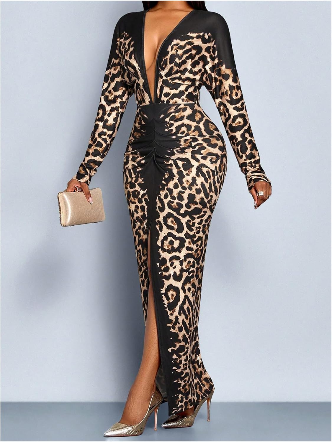 GORGLITTER Women's Leopard Cheetah Print Bodycon Maxi Dress Deep High Slit Long Sleeve Prom Long Birthday Party Dresses