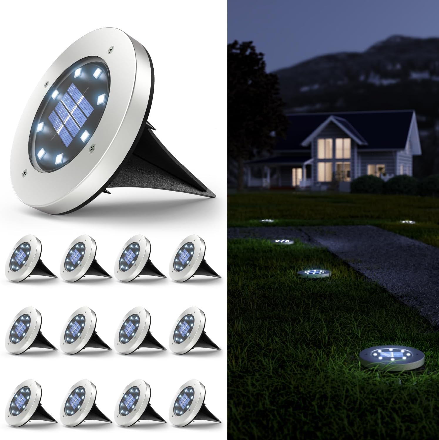 Sunco 12-Pack Solar Pathway Lights Outdoor - Waterproof IP65 LED Garden Stakes, Dusk to Dawn Auto On, 7000K Diamond White Yard Deck Lights