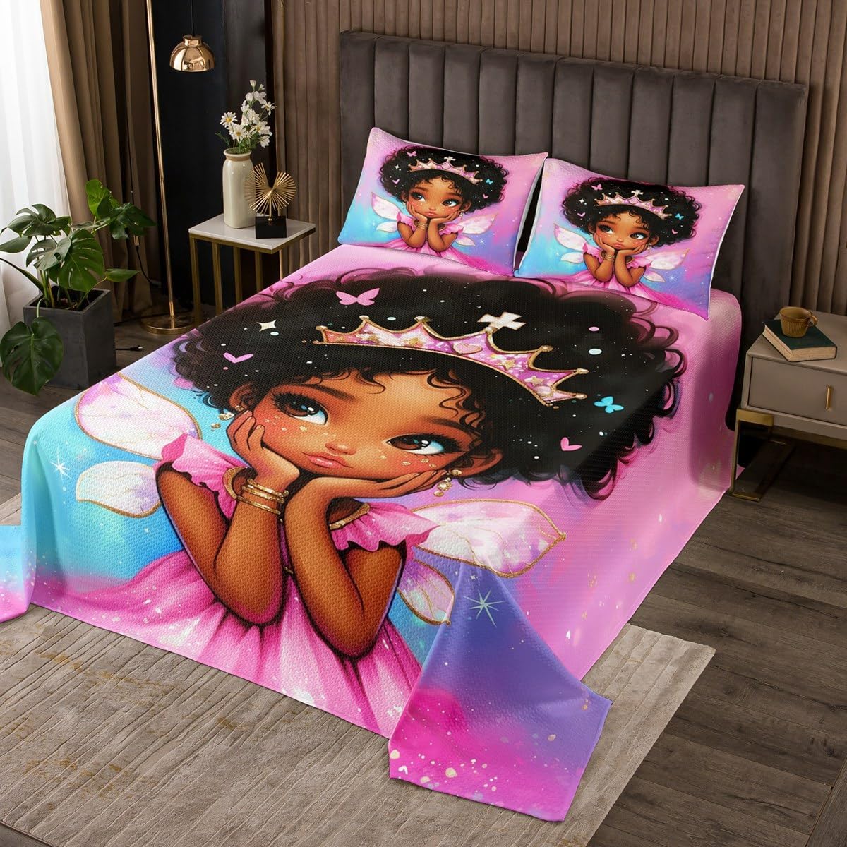 jejeloiu Black Girl Bedspread King Size Kids African American Coverlet Set for Boys Girls Teens Wings Glitter Galaxy Quilted Coverlet Breathable Princess Decor Bedroom Decor