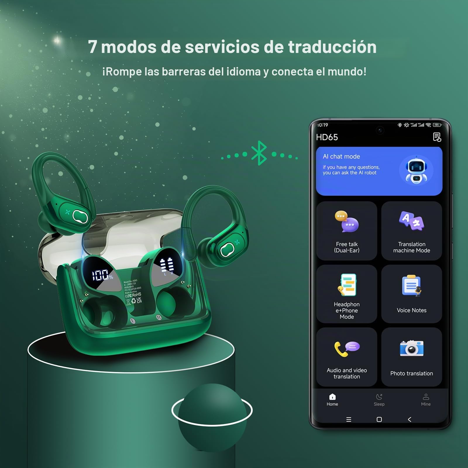 AI Auriculares Traductor en Tiempo Real(2026), 164 Idiomas y 6 Modos de Traducción, 3 in 1 AI Auriculares Traductor, Bluetooth 5.4 con ENC y App con para Viajes/Negocios/Aprendizaje/Reunirse Verde
