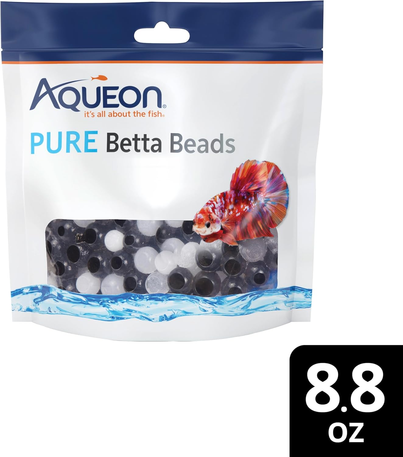 The back of the Aqueon PURE Betta Beads package, showing instructions, caution, and satisfaction guarantee information.