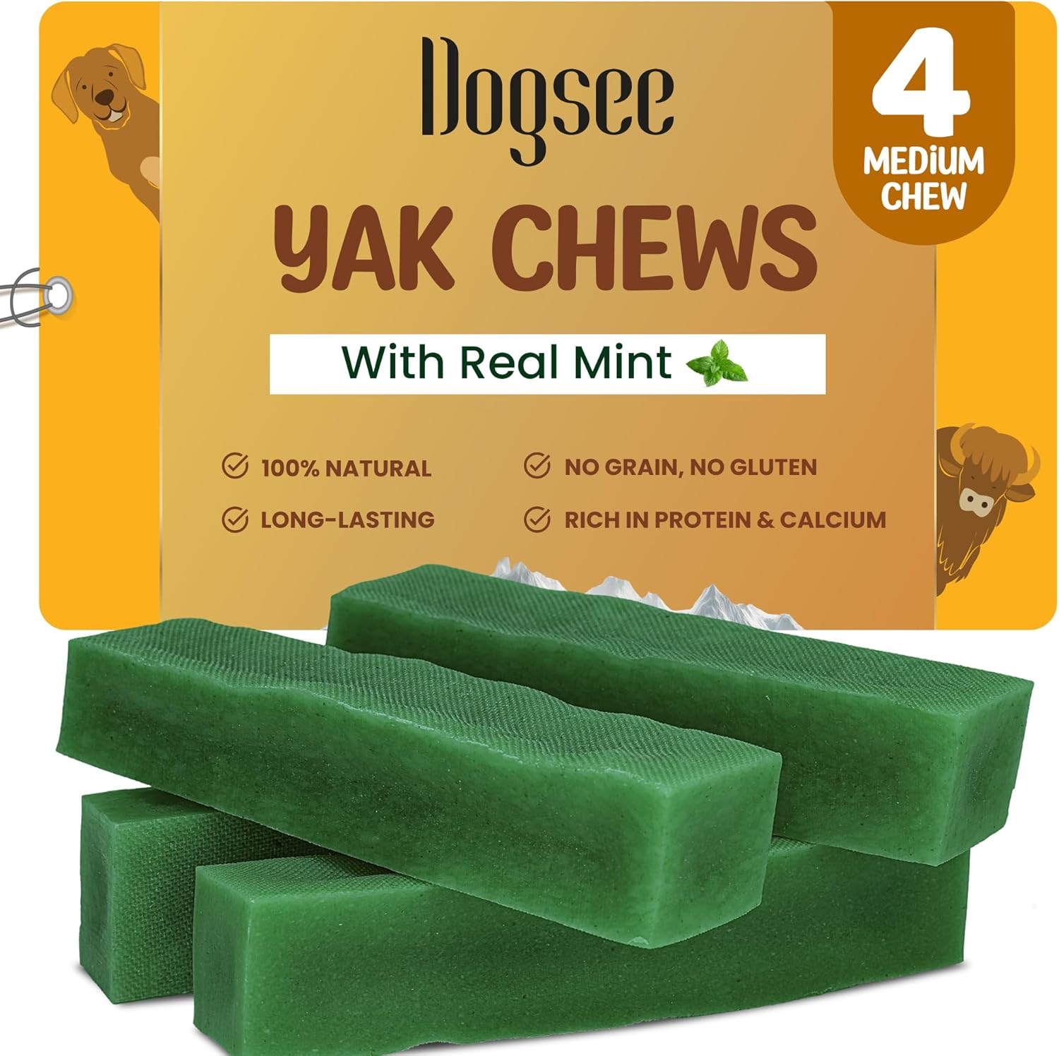 Dogsee Mint Flavor Himalayan Yak Chews for Dogs (Medium – 4 Bars) | Aid Digestion | Dog Chews for Teeth Cleaning | Odorless Dog Treats | Rawhide Free | Long Lasting