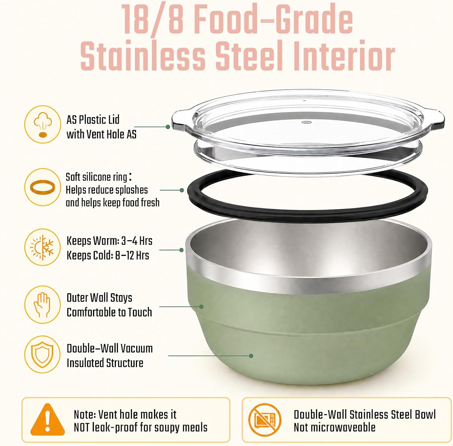 Sursip 32oz Double‑Wall Insulated Stainless Steel Bowl with Lid