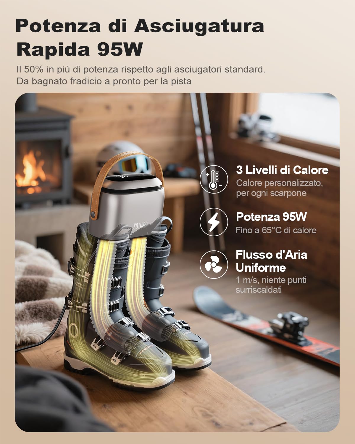 SOTHING Asciuga Scarpe Elettrico con Ozone e Display Digitale – Asciugascarpe a Doppio Flusso d’Aria, 3 Livelli di Calore, Timer 1–9 Ore, Tubi Telescopici 30 cm, Scalda Scarpe da Calcio e Sci