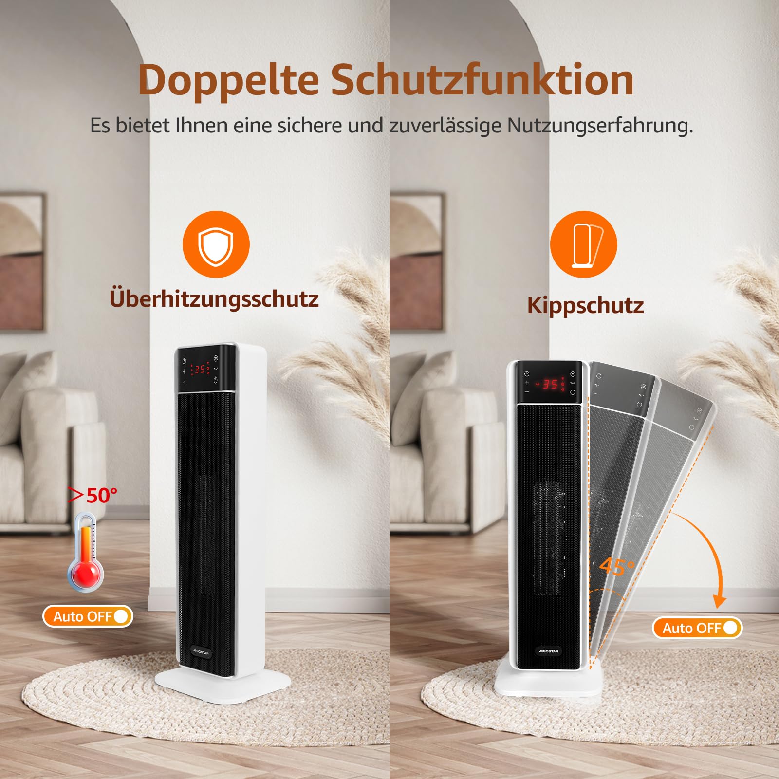 Aigostar Leiser Keramik Heizlüfter mit Thermostat, Fernbedienung, ECO-Modus | 2000W PTC Energiesparend Elektroheizung, 70° Oszillation, Überhitzungs- & Kippschutz, 24h Timer, Heaters for Room, 2 Stück