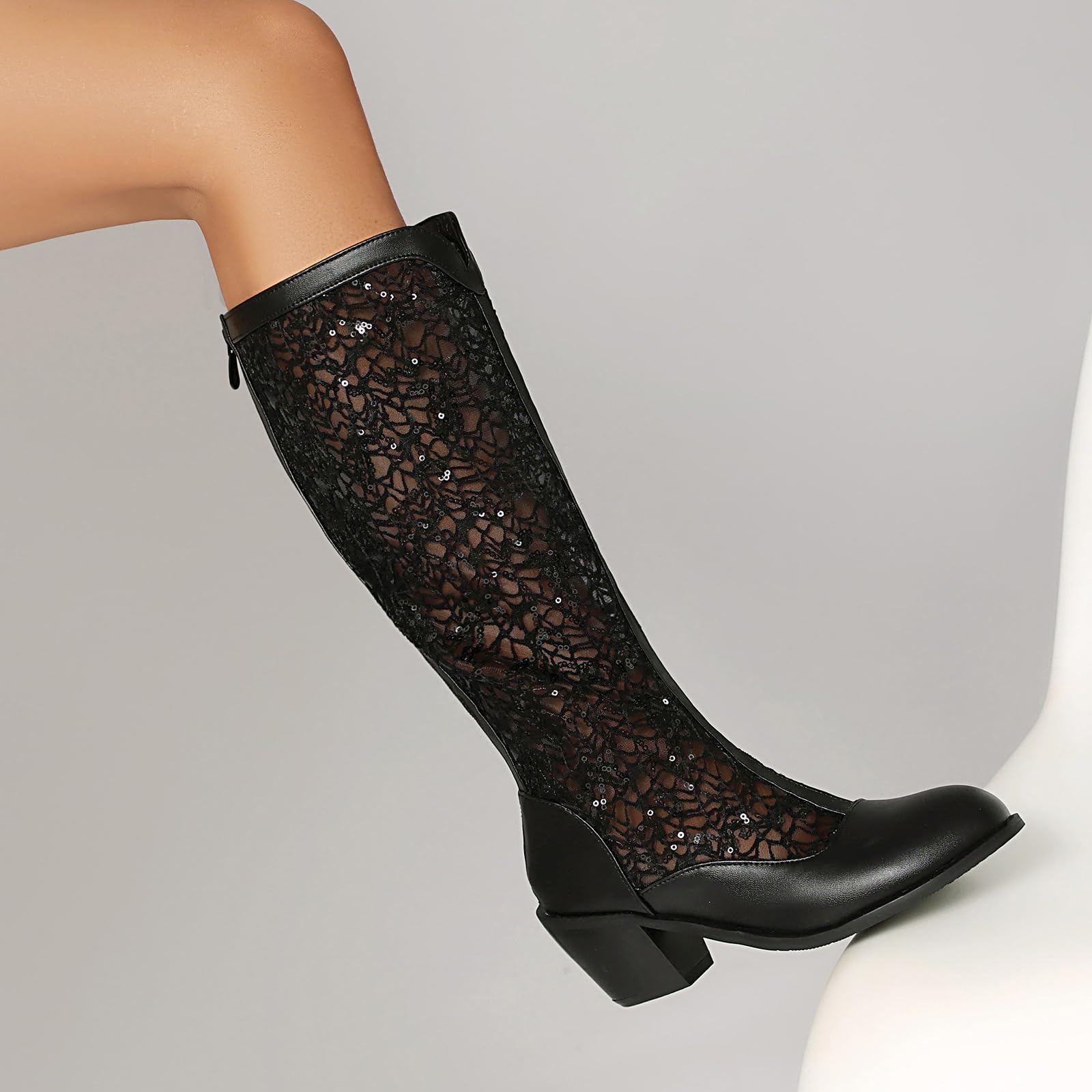 Botas Estilo Callejero hasta La Rodilla De Malla De Encaje Tacón De Bloque Cremallera Trasera Punta Redonda Botas De Moda Zapatos Casuales Ropa Urbana Y Atuendo Diario