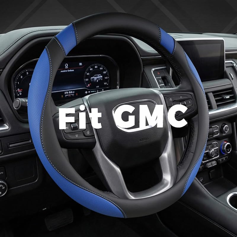 Capa para volante automotivo West Llama compatível com GMC Sierra, Acadia, Canyon, Terrain, Yukon, Savana e Envoy, 38,1–39,4 cm (15–15,5 pol.), A-Black+Blue, tamanho grande, 1 unidade