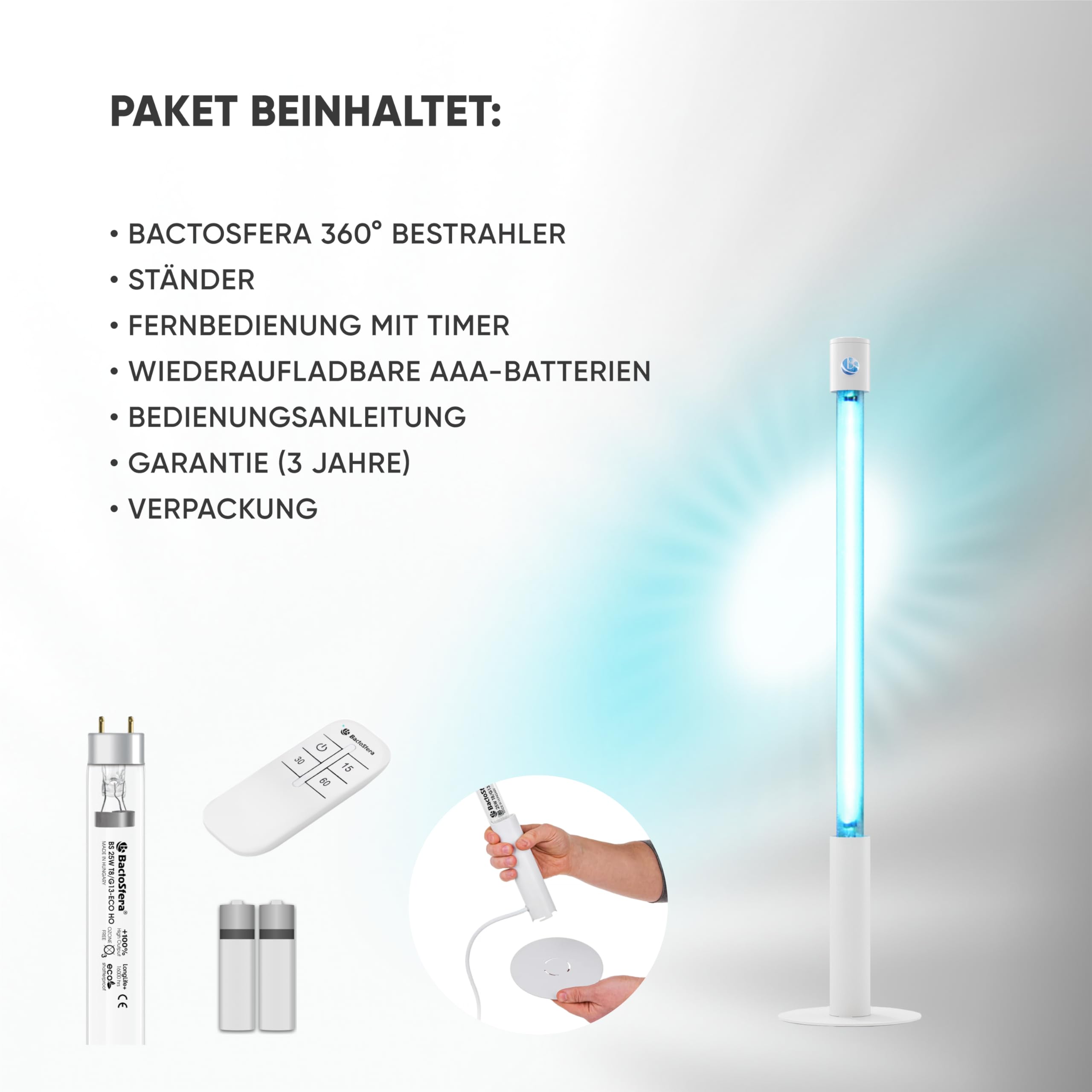 Lampada UV Germicida 360° 25 ECO + RC-TIMER 25W Senza Ozono con Telecomando e Timer - Sterilizzatore UV a Luce Ultravioletta 254nm, Lampada al Quarzo 16.000h, Antivirus per Casa, Ufficio
