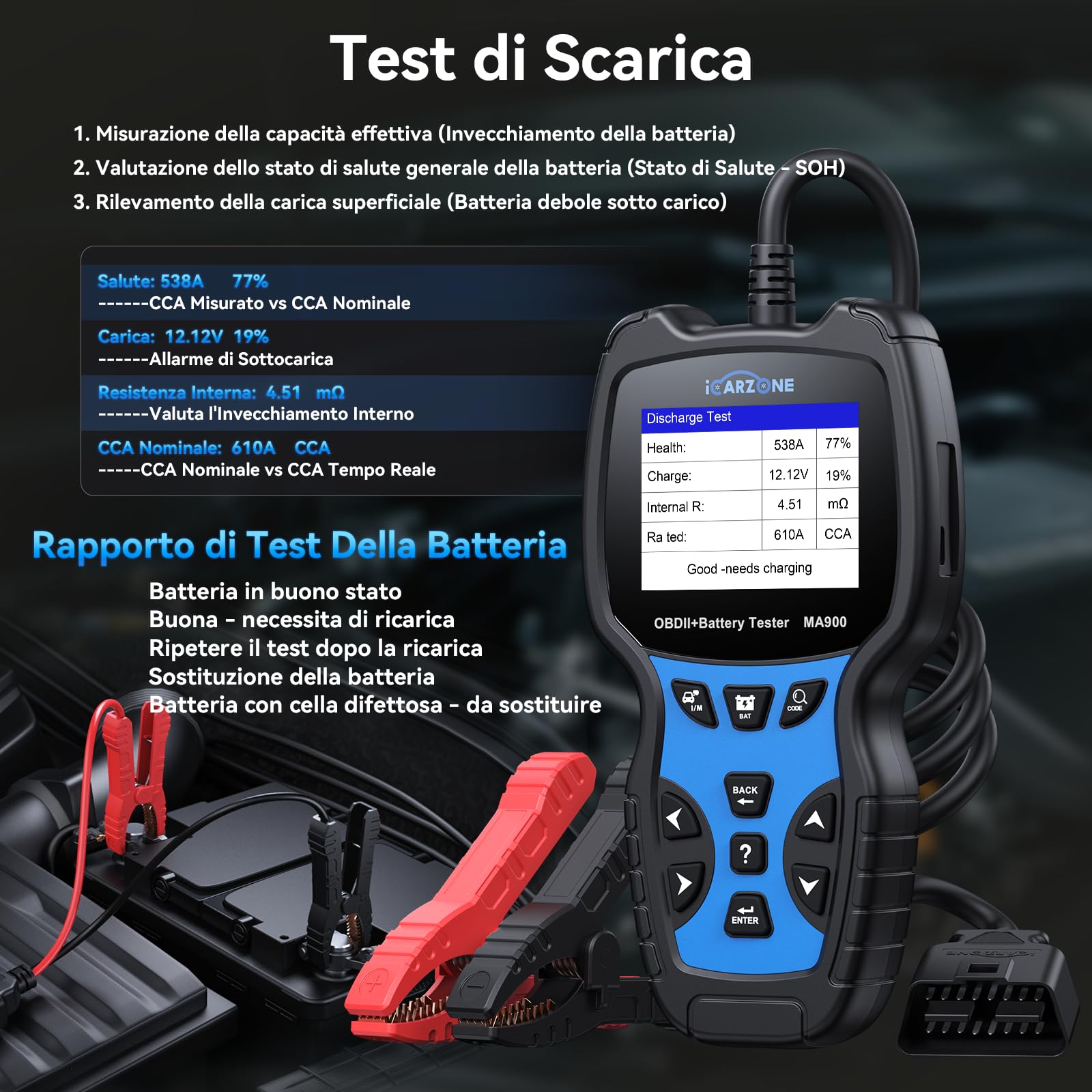 MA900 Tester Batteria Auto + Scanner OBD2 -Test di Scarica, Test di Avviamento, Test di Carica, Lettura OBFCM, Leggere/Cancellare Codici, Dati in Tempo Reale, per Auto/Motocicletta-12V/24V