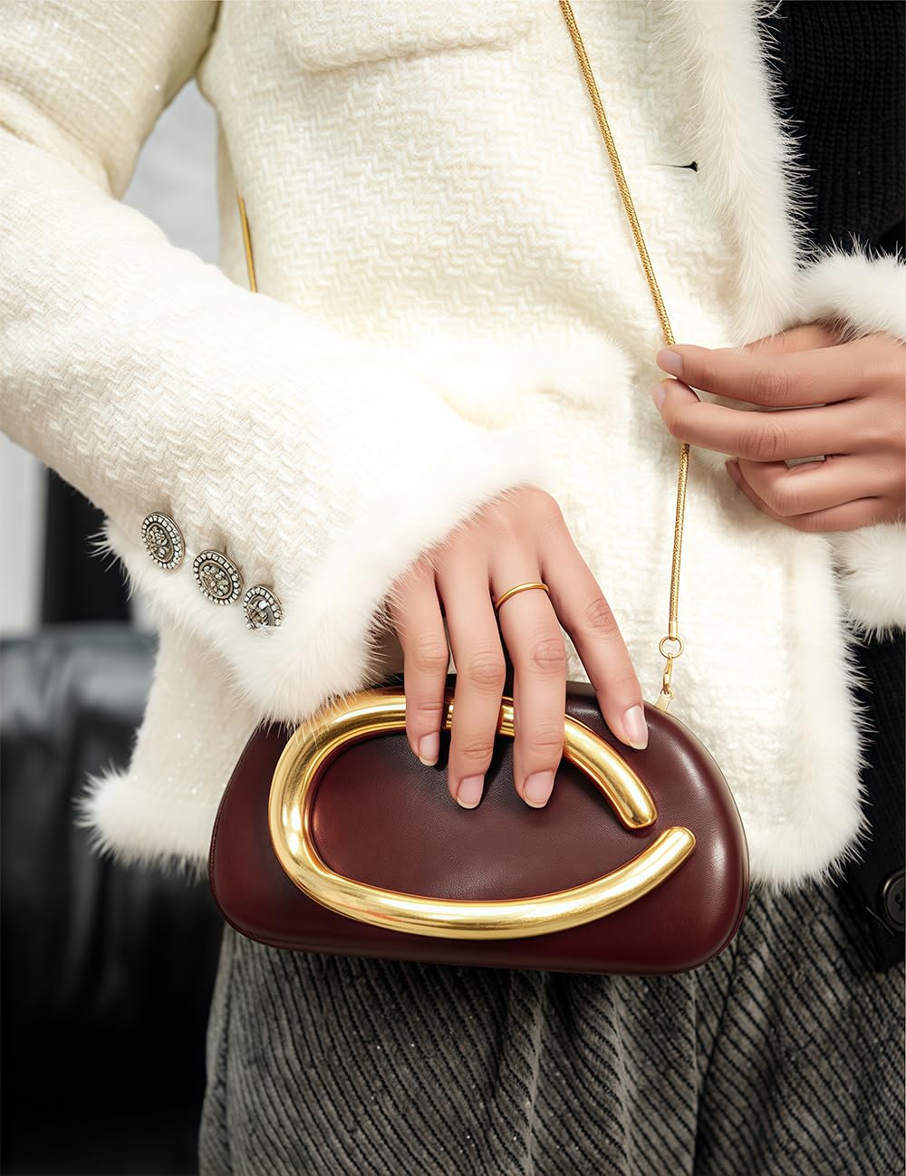 Clutch Damen mit Goldgriff | Elegante Abendtasche mit Abnehmbarer Kette | Kleine Damenhandtasche für Hochzeit, Braut, Party, Ball & Feier