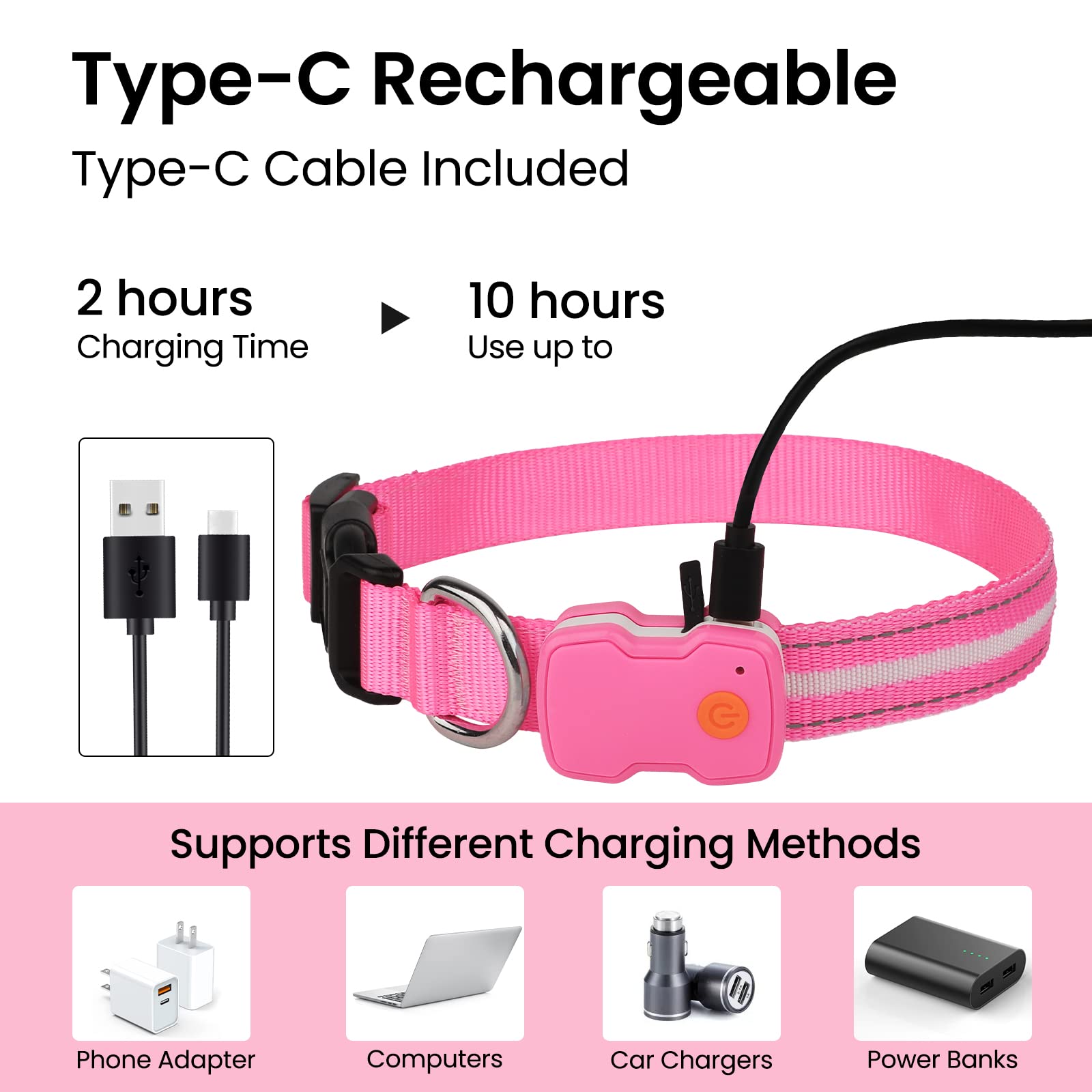 Collare Luminoso per Cani, Collare di Cane LED Ricaricabile e Impermeabile, 7 Colori RGB Cambiano 8 Modalità di Illuminazione Regolabile Adatto per Cani di Taglia Piccola Media Grande(Rosa S)