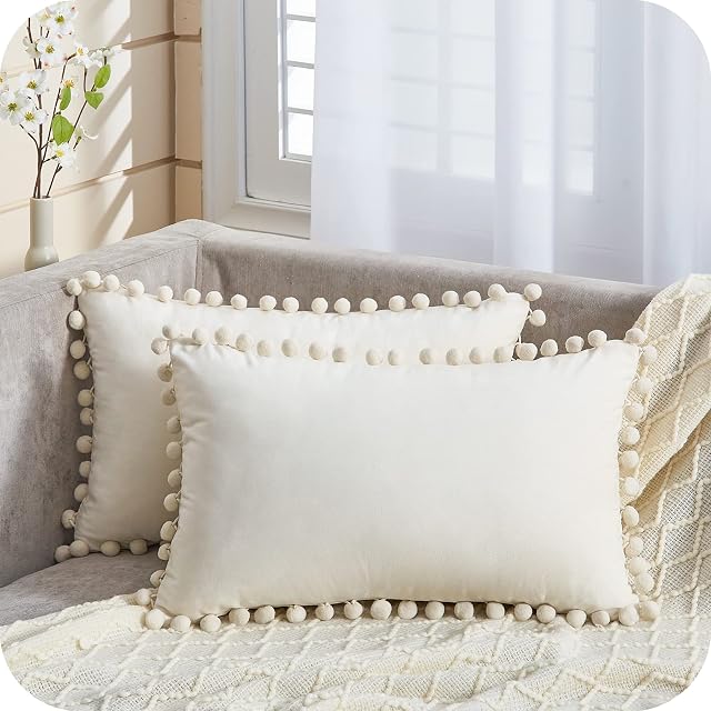 Topfinel Cushion Covers,Boho Rectangle Outdoor Cushion Covers 12x20,Cream Velvet Pom Pom Soft 30x50 Cushion Cover with Invisible Zip for Sofa Chair Living Room,Pack of 2