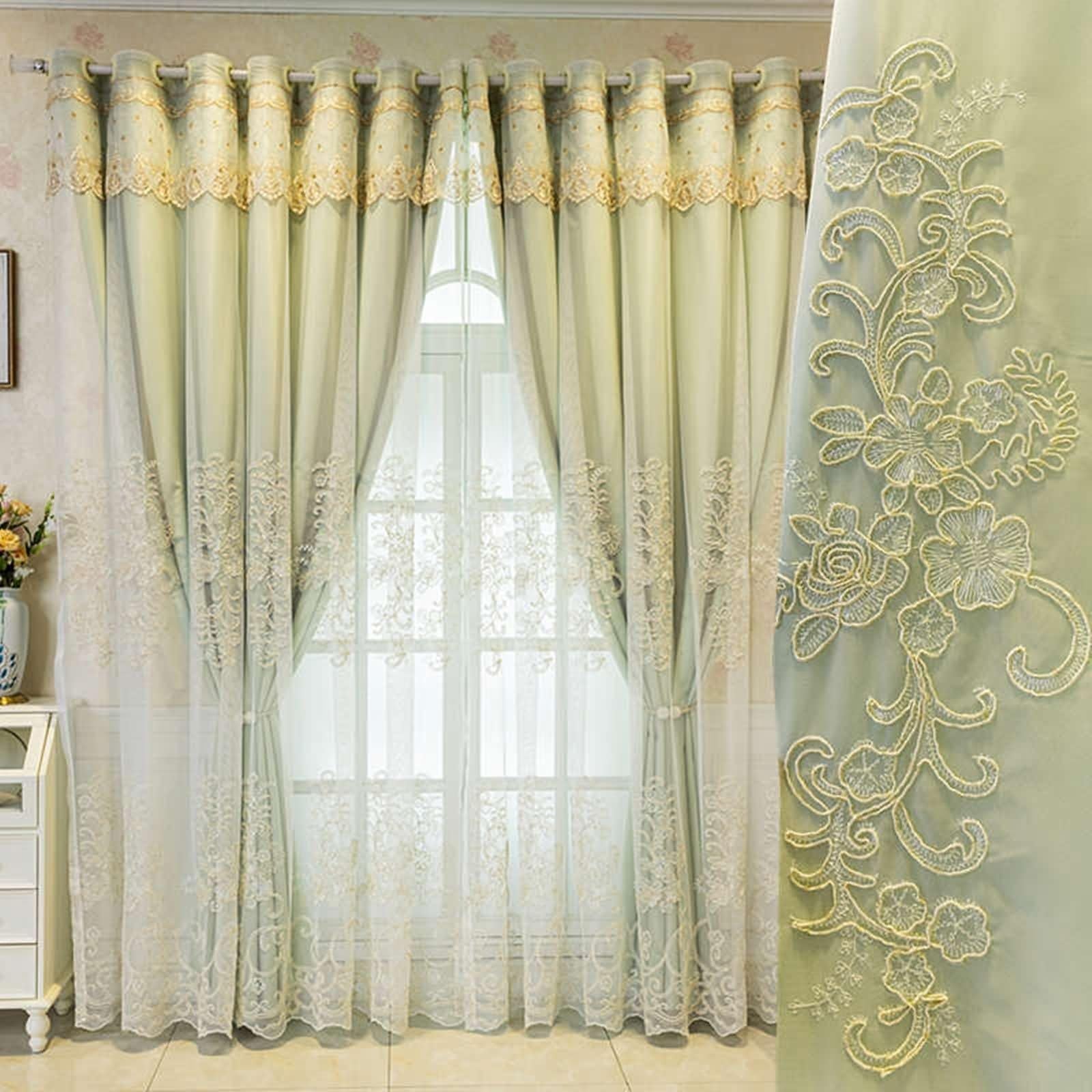 Zasłony zewnętrzne zaciemniające, zielona zasłona okienna do sypialni dwuwarstwowa koronka haft poliester zestaw 2 szt. 102 W x 244 l cm
