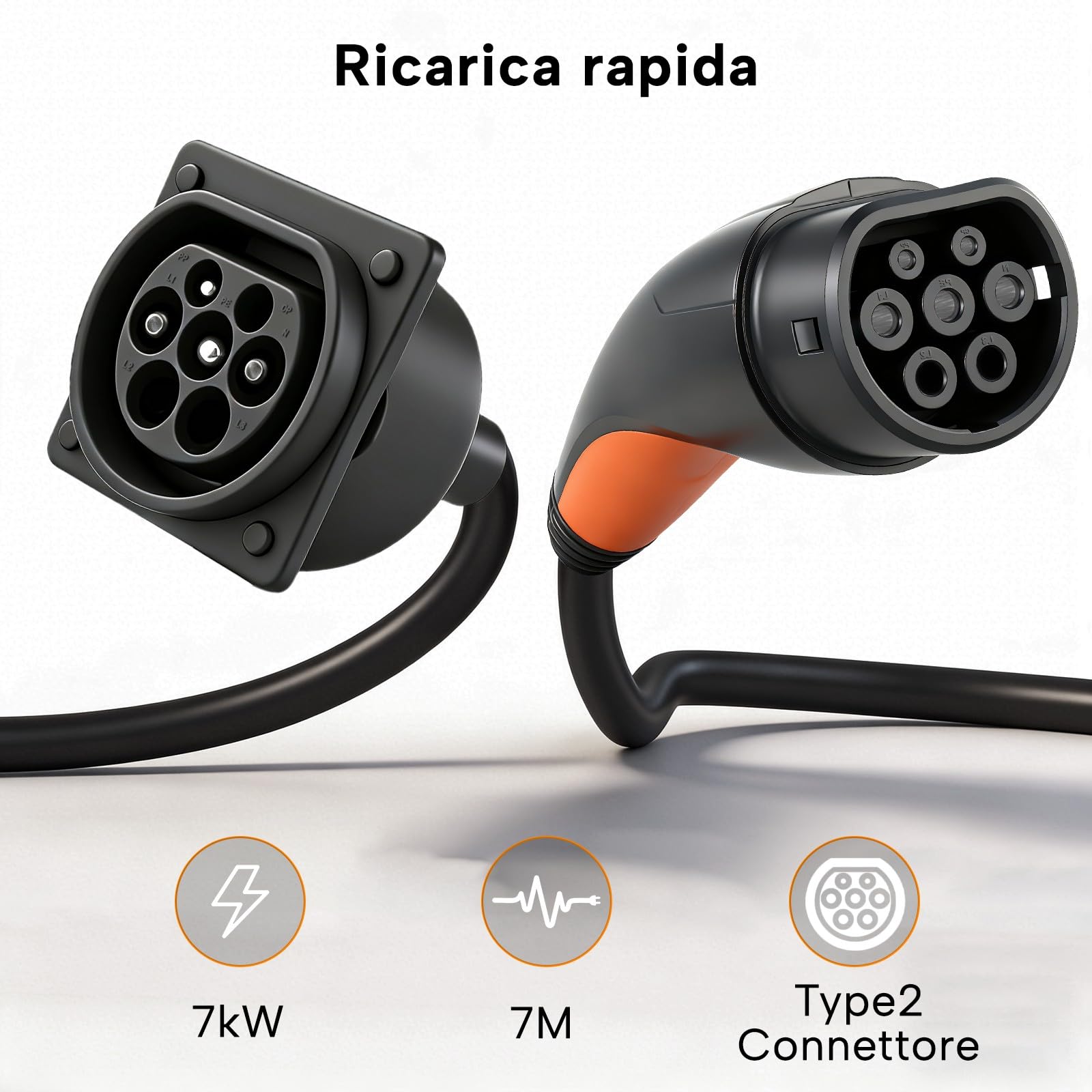 Cavo Prolunga per Veicoli Elettrici Tipo 2, 7kW/32A/Monofase/7m | per Veicoli Elettrici IEC 62196, Borsa per il Trasporto, impermeabile IP54