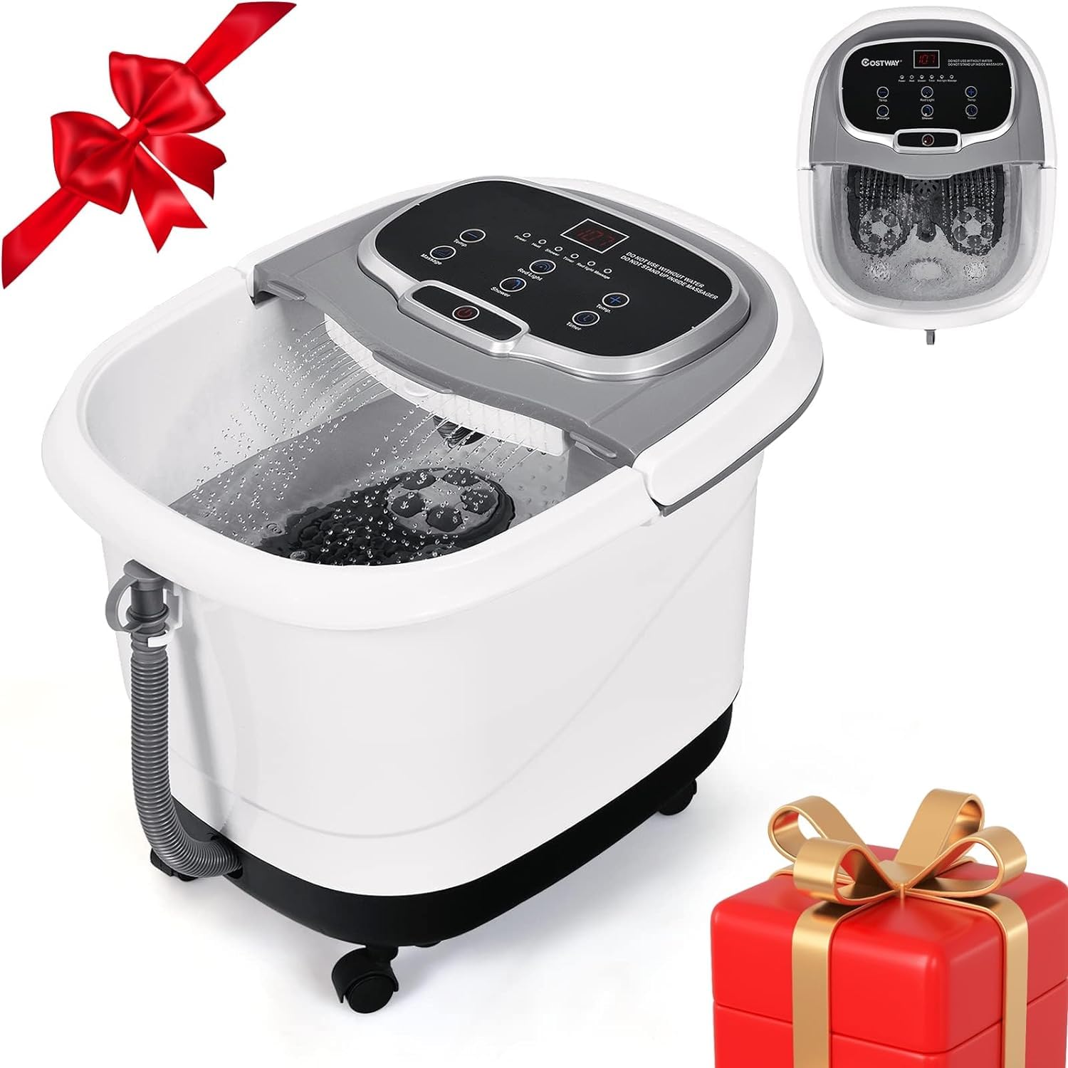 RELAX4LIFE Bañera de Pies Hidromasaje con Ruedas Universales y Bloqueables y Placa de Masaje Extraíble, Baño de Masaje Eléctrico con Temporizador 10-60 min y Temperatura Ajustable 35-48° (Gris)