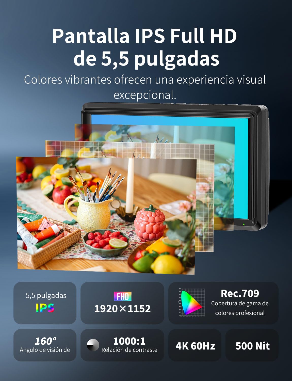 FEELWORLD S55E Monitor para cámara DSLR de 5,5 Pulgadas 3DLUT Full HD 1920x1152 IPS Forma de Onda con HDMI 4K60Hz Entrada/Salida de 8,4 V CC con Parasol batería de 2200 mAh y Funda de Transporte