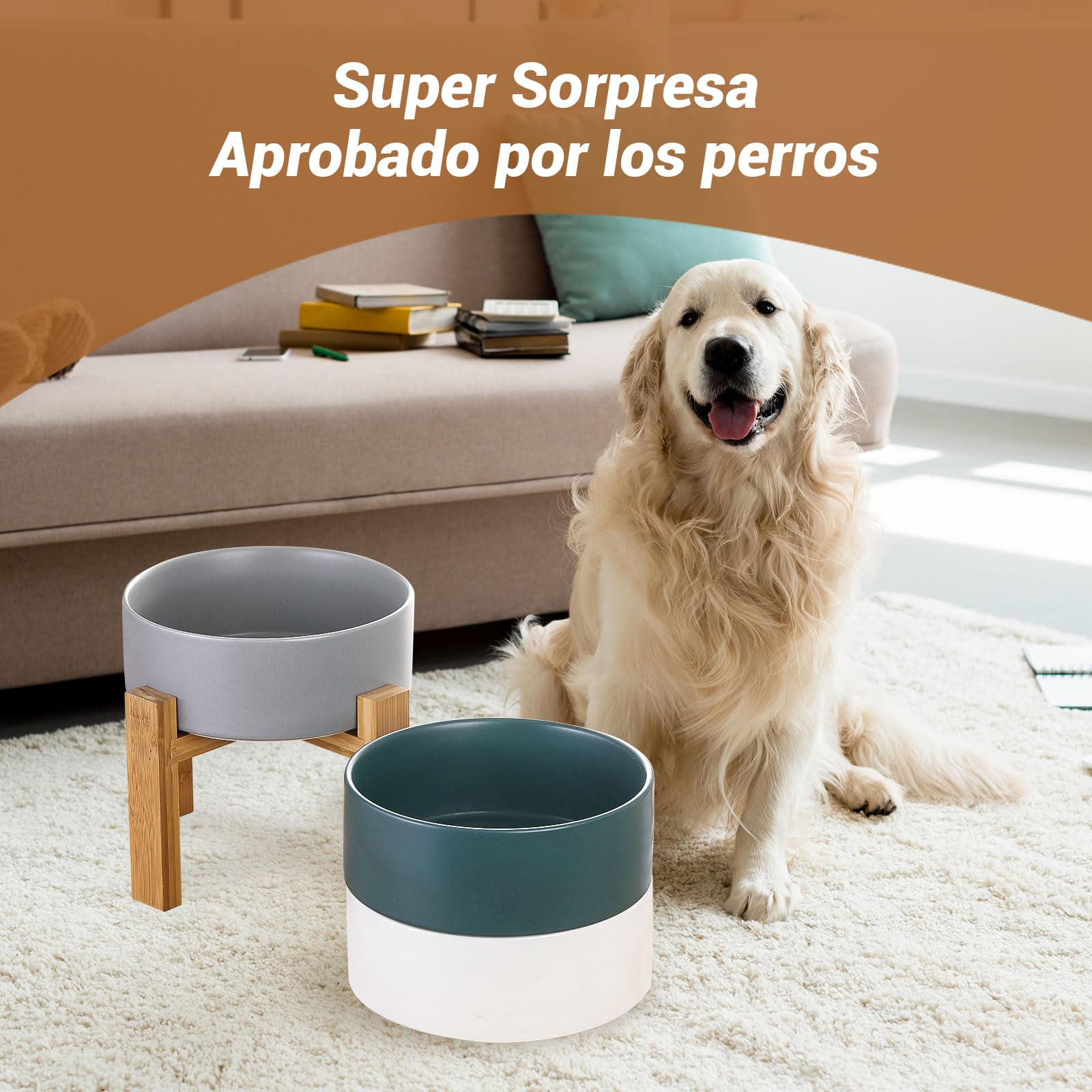 Comedero y Bebedero Perro Elevado - Comedero Perro Grande con Soporte de Bambú - Cuenco Ceramica Perro para Comida y Agua - Comederos Perros Grandes - Plato para Perro Alto - Bol Perro - 1800 ml