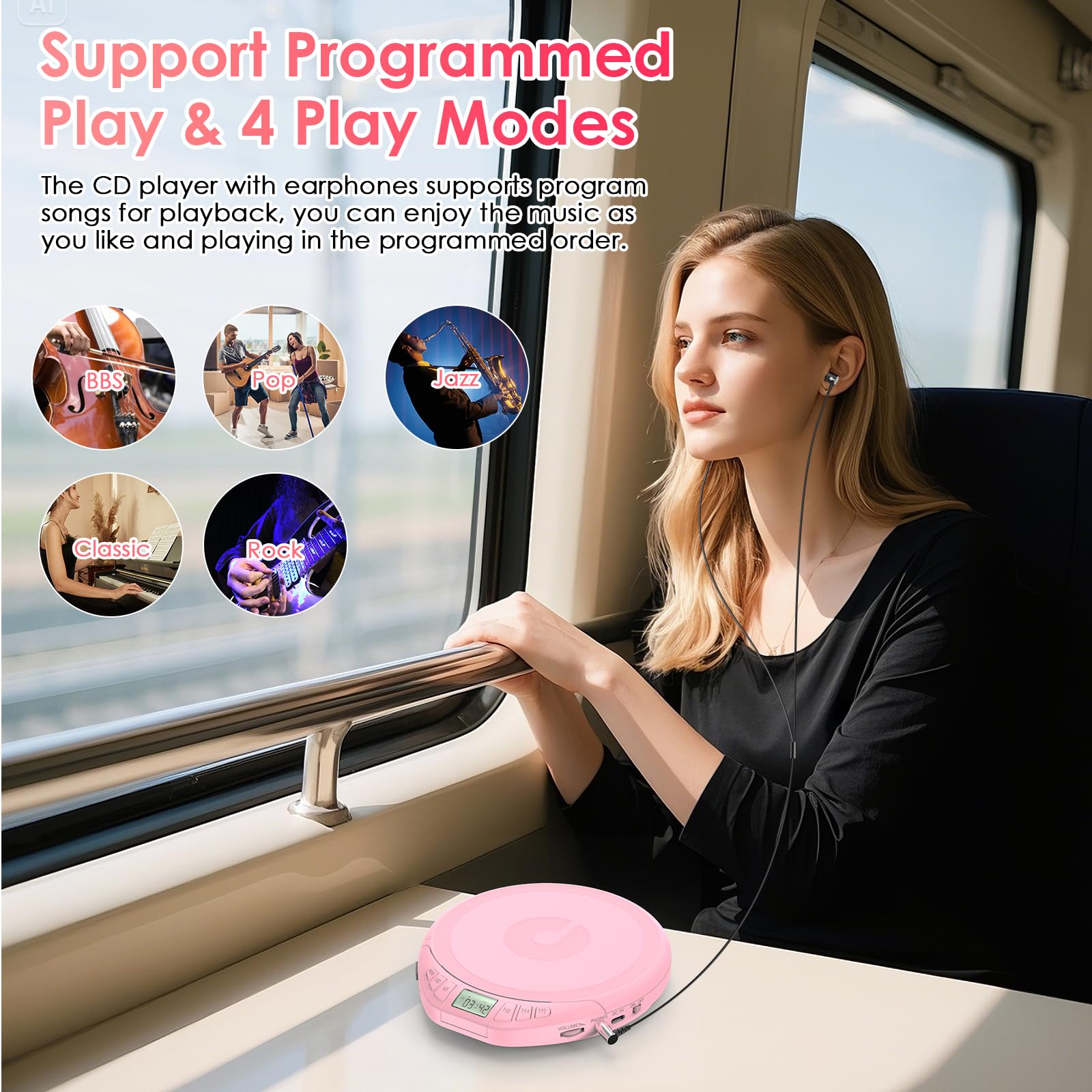 Gueray CD Player Tragbar Kinder Tragbarer CD-Player fürs Auto Discman mit Kopfhörer LCD-Display Unterstützung ASP PROG Speicherfunktion Repeat-Funktion Sound-Effekt Rosa