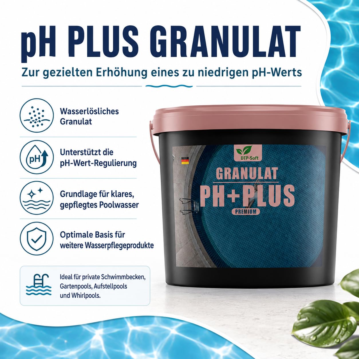 pH Plus Heber Granulat 10 kg - pH Wert Heber für Schwimmbecken und Whirlpool - wasserlöslicher pH Regulator zur pH-Wert Erhöhung, Pool Wasserpflege Granulat - Premium Schwimmbadpflege