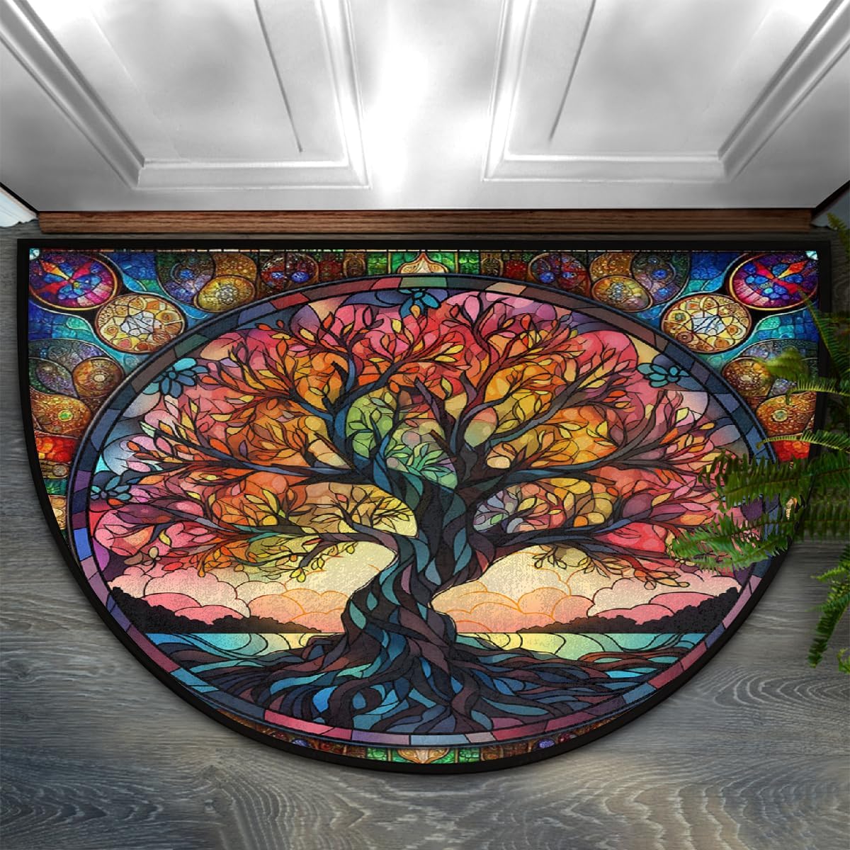 Half Round Door Mat Tree Of Life Color Glass Half Moon Rug Washable Tree Of Life Art Half Circle Area Rugs Indoor Entrance Non Slip Semi Circle Bathroom Rugs for Kithen Bedroom Fireplace Decor