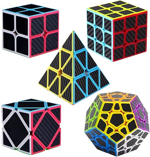 Roxenda Juego de cubos de velocidad, [5 unidades] Paquete de cubos mágicos de 2 x 2, 3 x 3 pulgadas, cubo megaminx y cubo piramidal, colección de