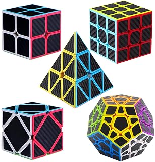 Roxenda Speed Cube Set, [5 Pack] Magic Cube Bundle of 2x2 3x3 Skew Megaminx Cube and Pyramid Cube Smoothly Speed Cubes Collection for Kids Teens & Adults (Carbon Fiber)