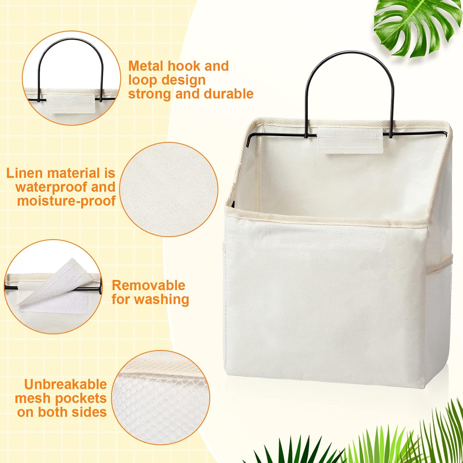Chumia 6 Pack Wall Hanging Storage Basket Bathroom Closet Hanging Storage Bag over the Door Organizer Basket Bedroom Wall Organizer Waterproof Linen Cotton Box Containers and 10 Hooks(White) image 4