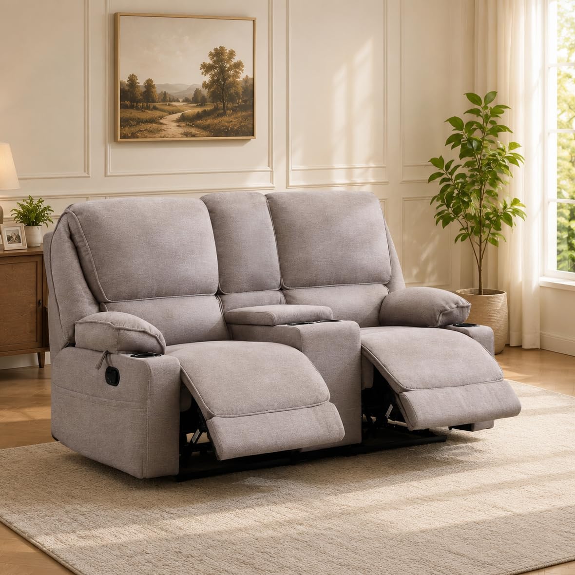 2er Kinosessel Relaxsessel mit Liegefunktion, 2 Sitzer Fernsehsessel TV Sessel mit Konsole, 4 Getränkehalter Cupholder, zweisitzer Sofa für Wohnzimmer (Hellgrau)