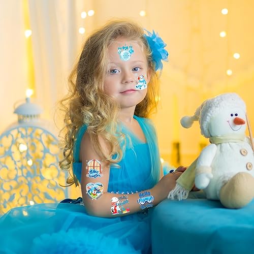 Miniatura 7 de HOWAF 96 calcomanías temporales de tatuaje de copo de nieve, tatuajes temporales de Hello Winter para decoraciones navideñas de invierno del país de