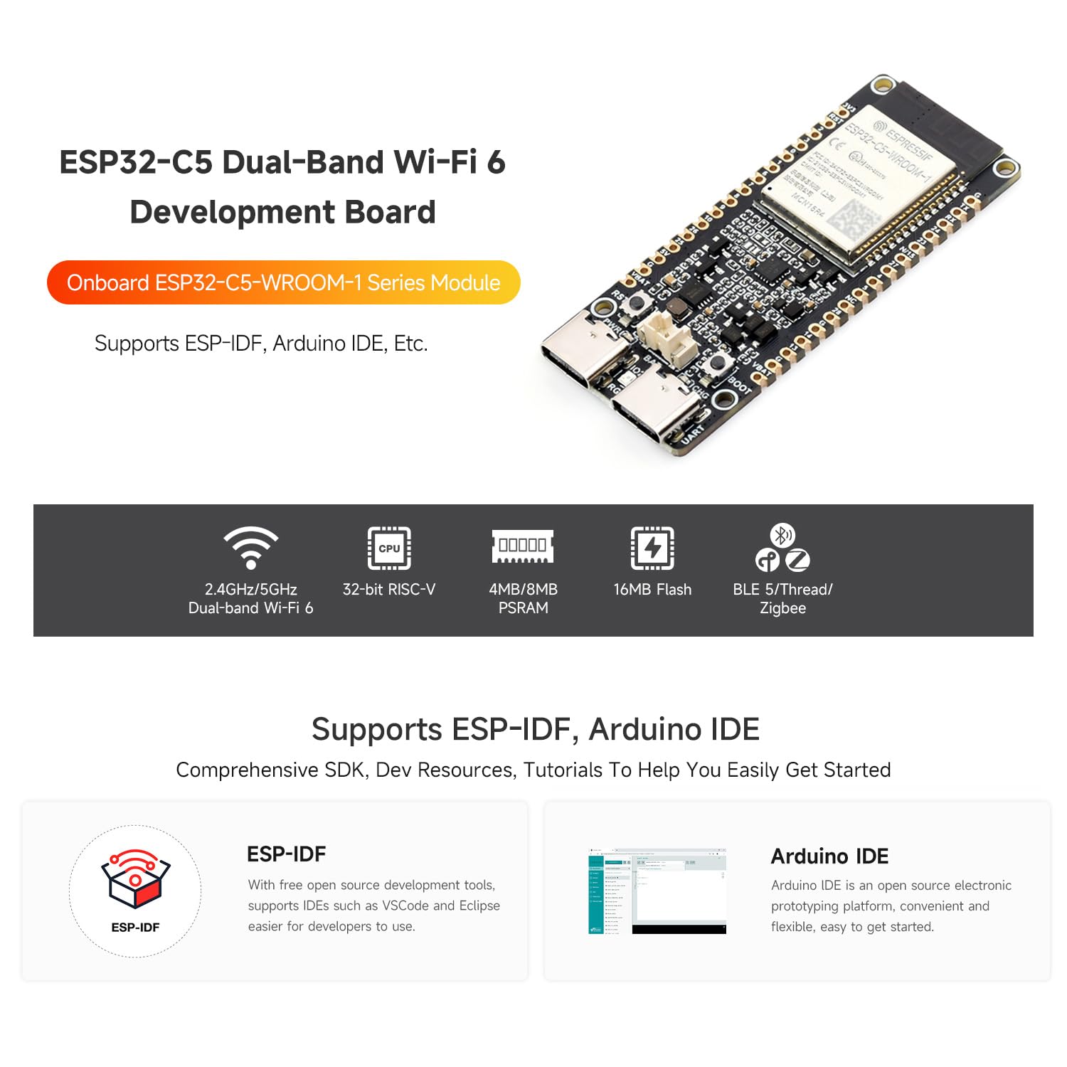 LUCKFOX ESP32-C5-WIFI6 Dual-Band Development Board Kit(with Headers Soldered), 16MB Flash 8MB PStatic RAM, ESP32-C5-WROOM-1 Module with Wi-Fi 6, BT5, Zigbee & Thread for IoT Gateways