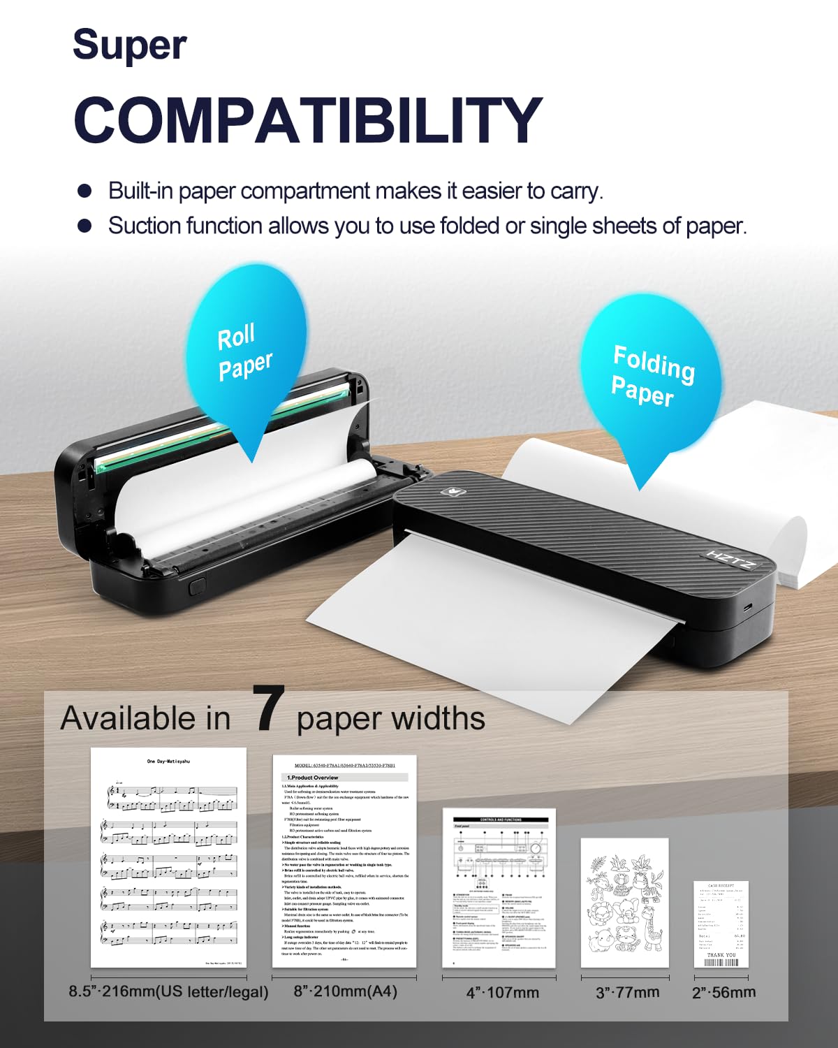 Impresora Portátil Inalámbrica, Impresora Térmica de Viaje, Impresión sin Tinta Bluetooth & USB Soporte de Impresora US Carta/A4/A5 Papel Térmico, Compatible con Android & iOS Teléfono/Laptop